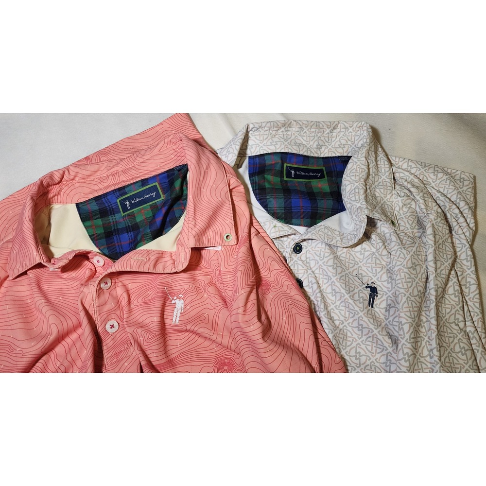 2 William Murray Mens Golf Polo Shirts Top Sz M Pink & White Topographic Print